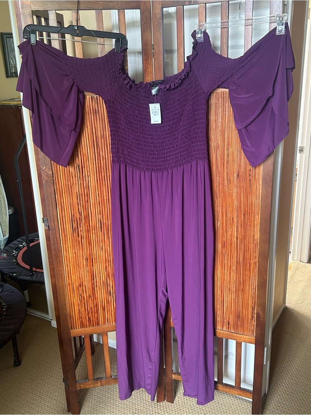 Ashley Stewart Purple Off-Shoulder Smocked Jumpsuit Original price $59